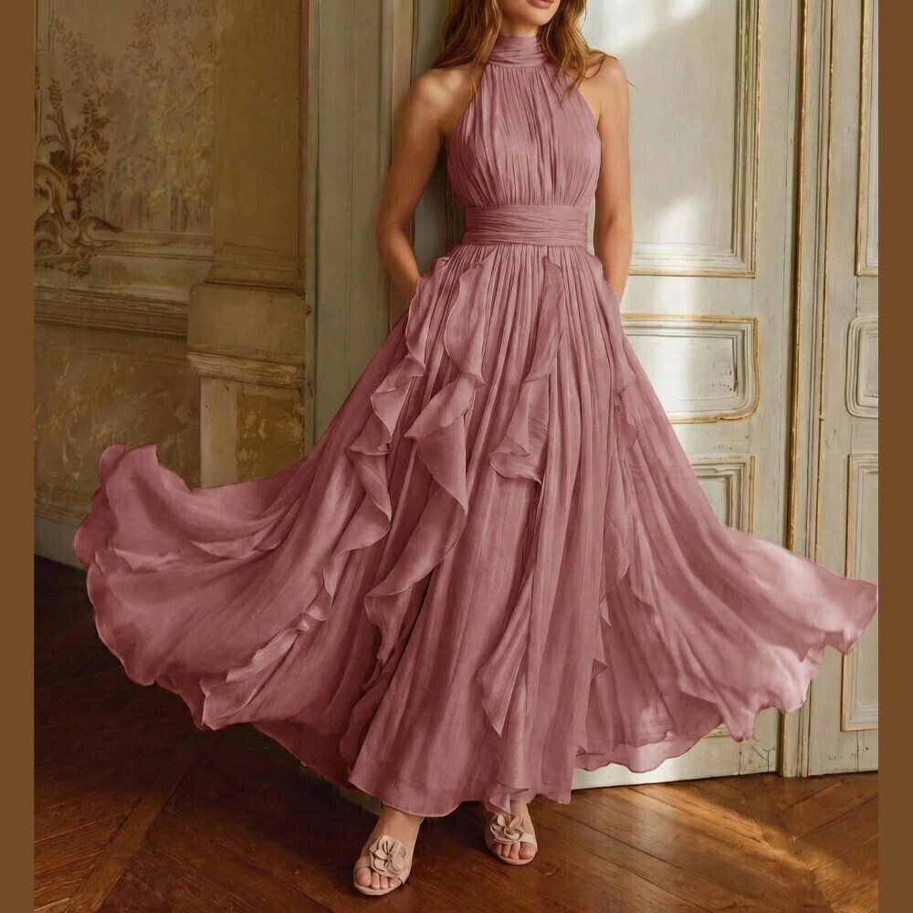Dusty Rose Organza Halter Neck Ruffled Tiered Flowy Maxi Dress